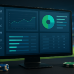Close-up of a computer monitor displaying data analytics related to casino games with poker chips in the foreground.