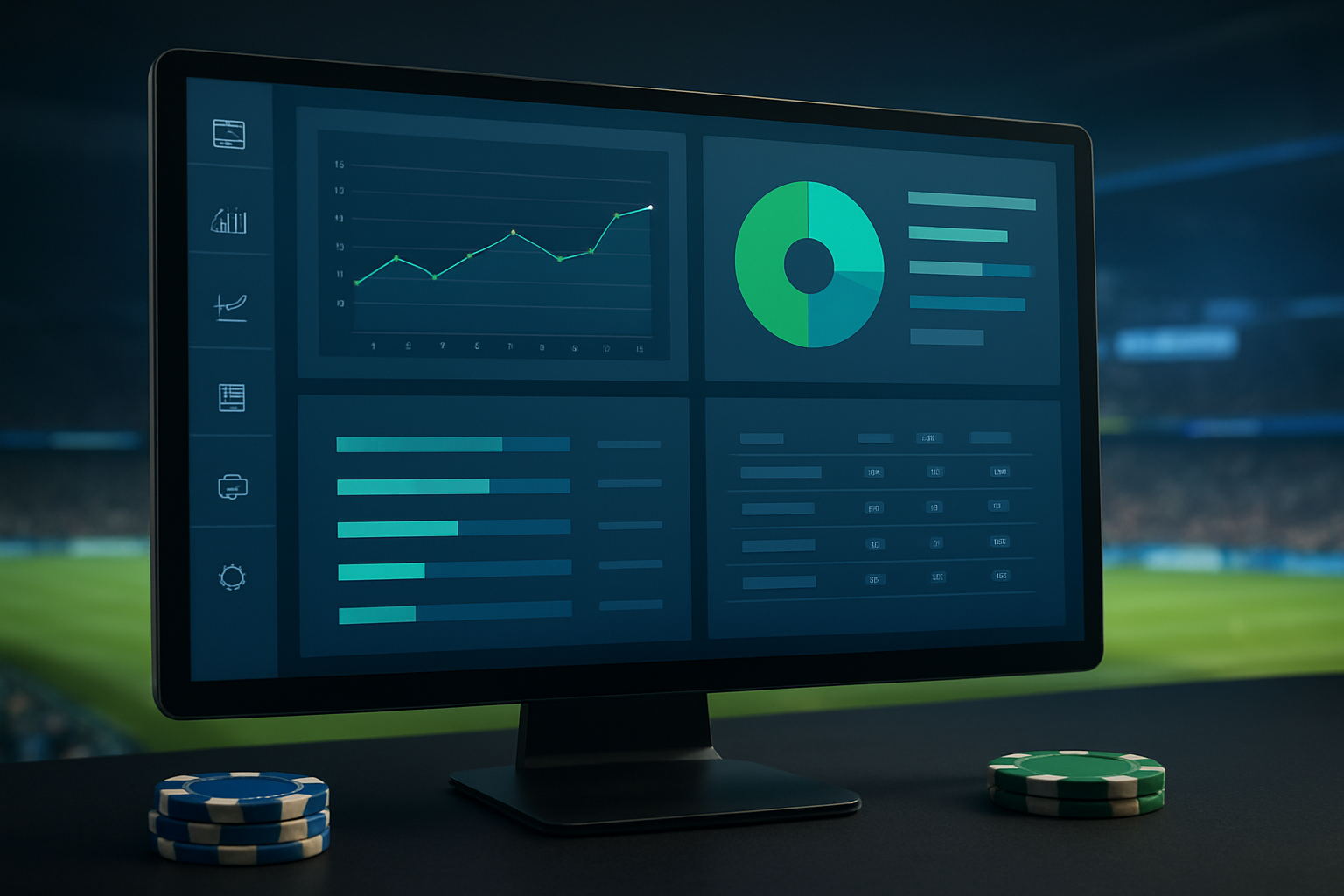 Close-up of a computer monitor displaying data analytics related to casino games with poker chips in the foreground.